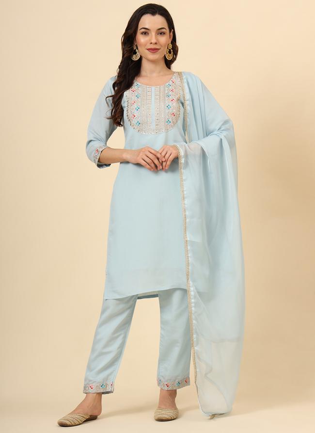 Silk Blend Sky Blue Casual Wear Embroidery Work Readymade Straight Suit